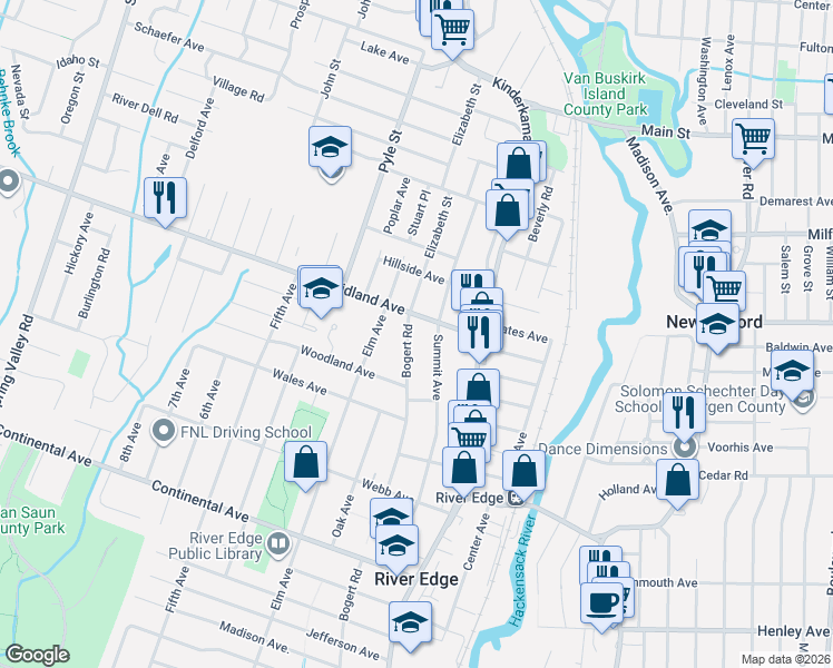 map of restaurants, bars, coffee shops, grocery stores, and more near 881 Summit Avenue in River Edge