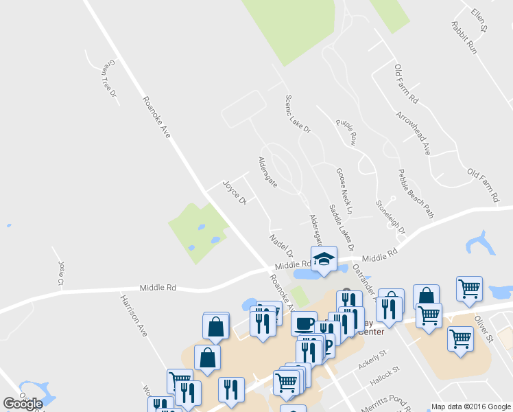 map of restaurants, bars, coffee shops, grocery stores, and more near 97 Nadel Drive in Riverhead