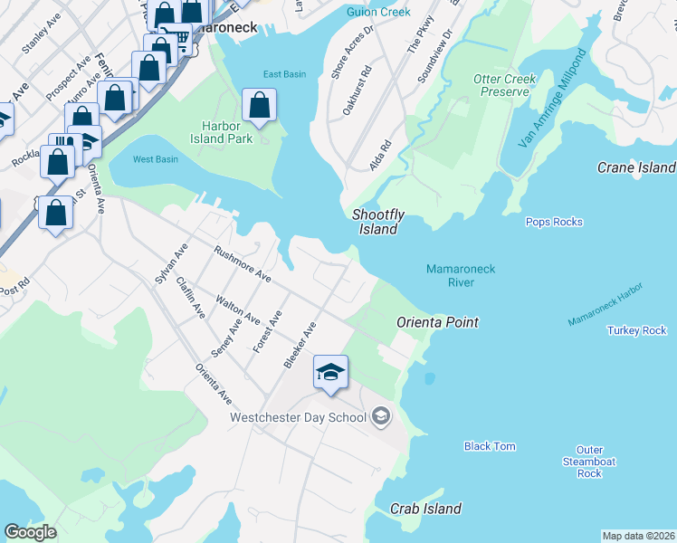 map of restaurants, bars, coffee shops, grocery stores, and more near 520 Bleeker Avenue in Mamaroneck