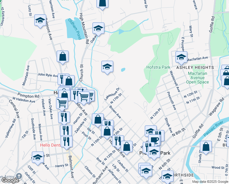 map of restaurants, bars, coffee shops, grocery stores, and more near 77 Lakeshore Drive in Prospect Park