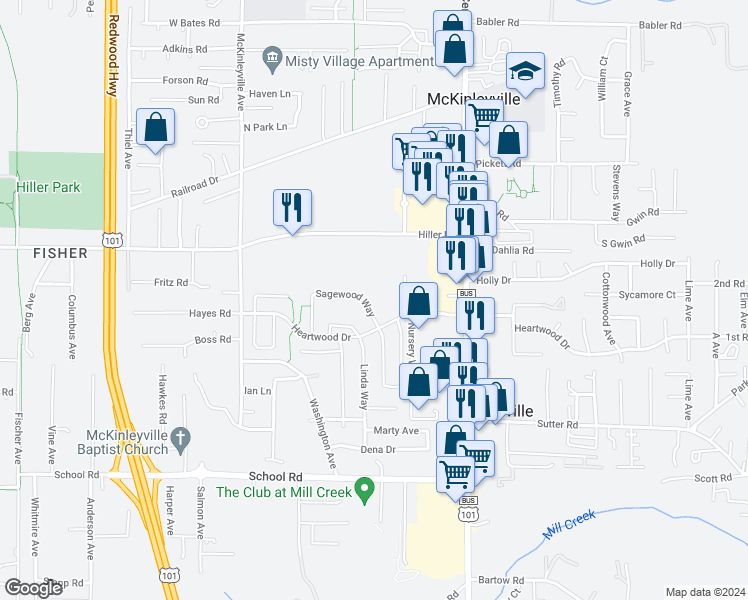 map of restaurants, bars, coffee shops, grocery stores, and more near 1987 Sagewood Way in McKinleyville
