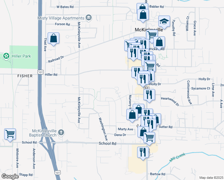 map of restaurants, bars, coffee shops, grocery stores, and more near 1987 Sagewood Way in McKinleyville