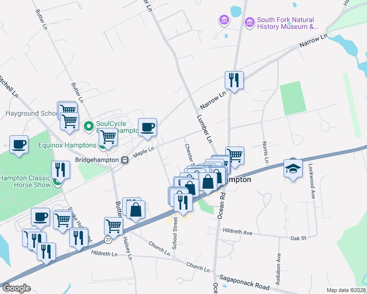 map of restaurants, bars, coffee shops, grocery stores, and more near 54 Chester Avenue in Bridgehampton