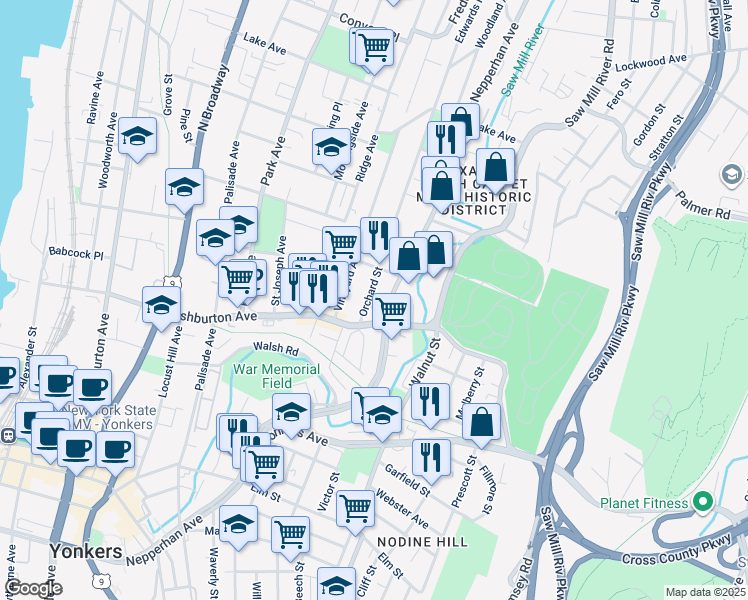 map of restaurants, bars, coffee shops, grocery stores, and more near 4 Orchard Street in Yonkers