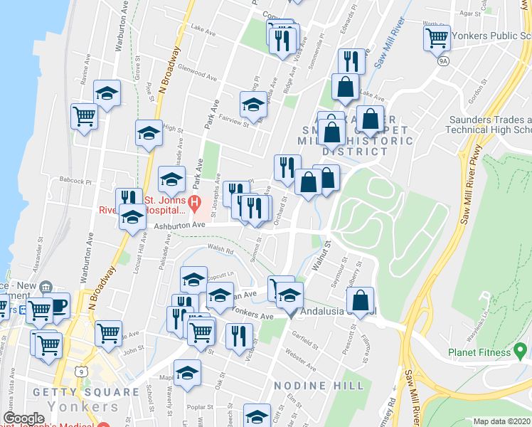 map of restaurants, bars, coffee shops, grocery stores, and more near 4 Orchard Street in Yonkers