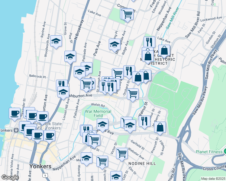 map of restaurants, bars, coffee shops, grocery stores, and more near 189 New York 9A in Yonkers