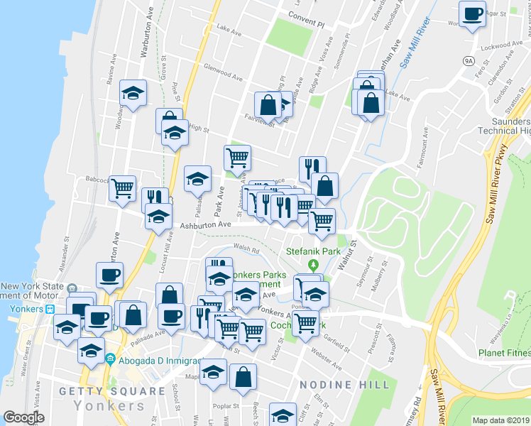 map of restaurants, bars, coffee shops, grocery stores, and more near 159 Ashburton Avenue in Yonkers