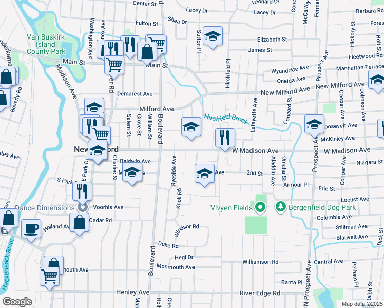 map of restaurants, bars, coffee shops, grocery stores, and more near 409 Monroe Avenue in New Milford