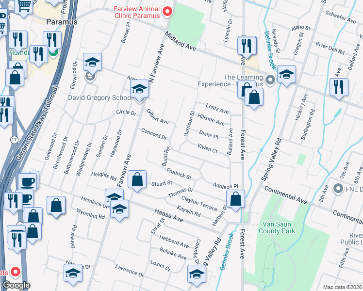 map of restaurants, bars, coffee shops, grocery stores, and more near 217 Concord Drive in Paramus