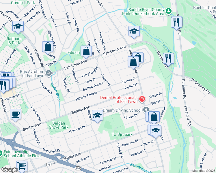 map of restaurants, bars, coffee shops, grocery stores, and more near 37-10 Hillside Terrace in Fair Lawn