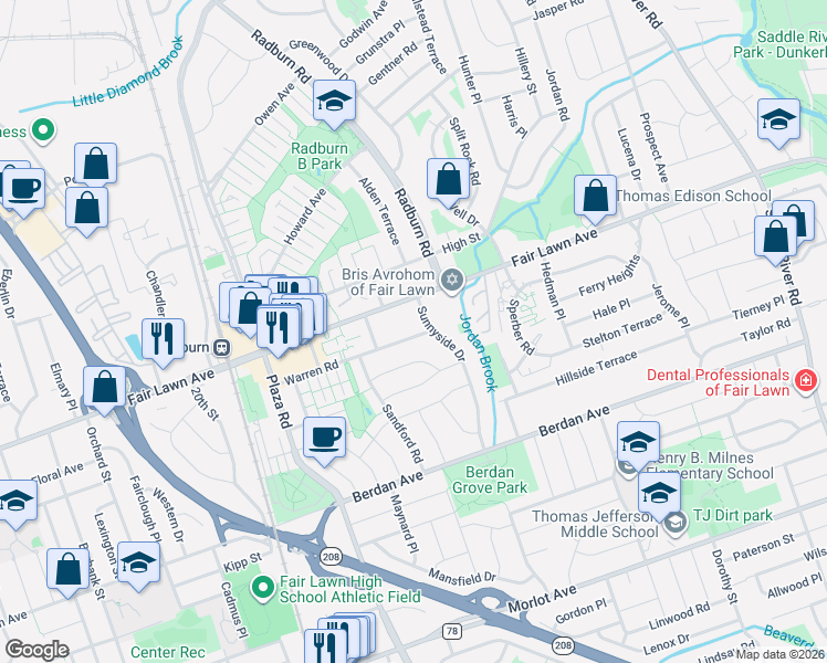 map of restaurants, bars, coffee shops, grocery stores, and more near 28-19 Sheridan Place in Fair Lawn