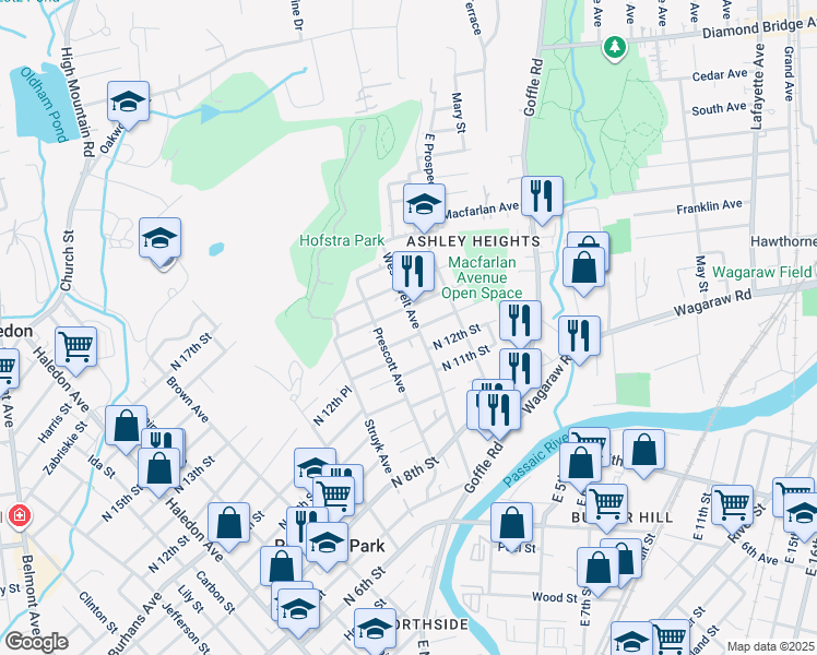 map of restaurants, bars, coffee shops, grocery stores, and more near 7 North 13th Street in Hawthorne