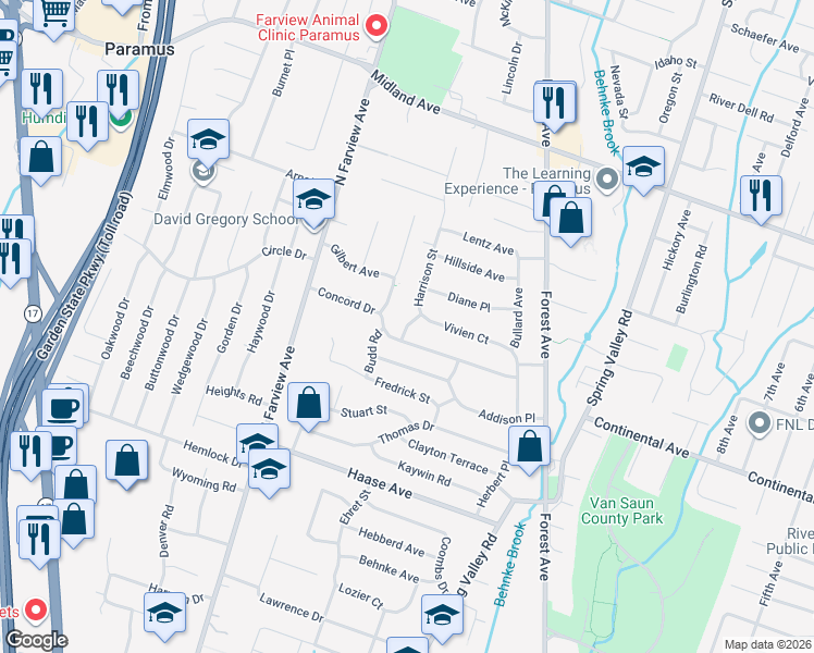 map of restaurants, bars, coffee shops, grocery stores, and more near 217 Concord Drive in Paramus