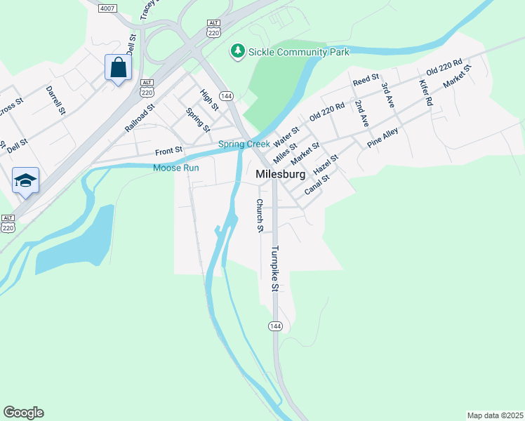 map of restaurants, bars, coffee shops, grocery stores, and more near 201 Turnpike Street in Milesburg