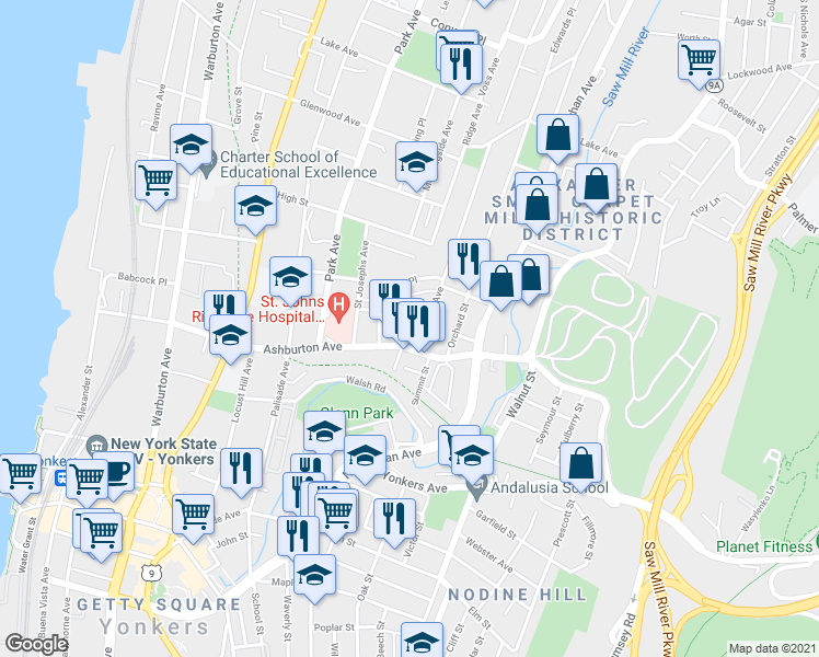 map of restaurants, bars, coffee shops, grocery stores, and more near 8 Ritters Lane in Yonkers