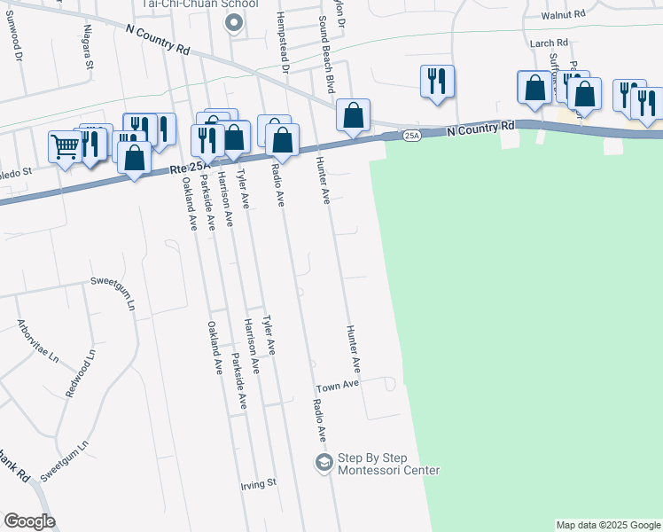 map of restaurants, bars, coffee shops, grocery stores, and more near 58 Hunter Avenue in Miller Place