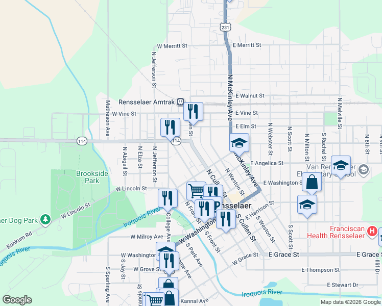 map of restaurants, bars, coffee shops, grocery stores, and more near 425 North Van Rensselaer Street in Rensselaer