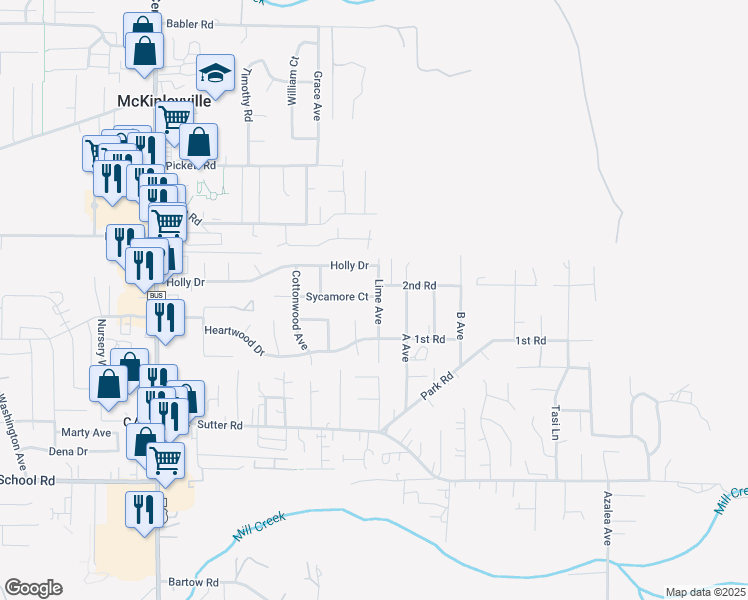 map of restaurants, bars, coffee shops, grocery stores, and more near 1990 Sycamore Court in McKinleyville