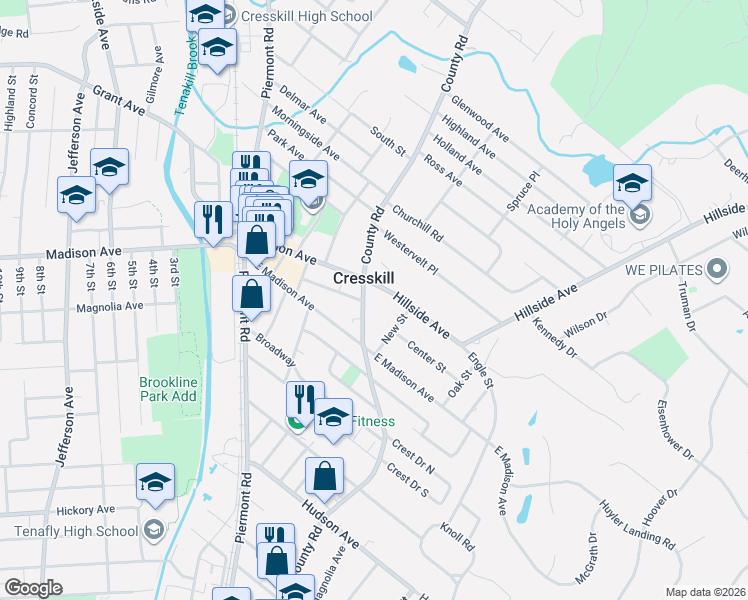 map of restaurants, bars, coffee shops, grocery stores, and more near 145 County Road in Cresskill