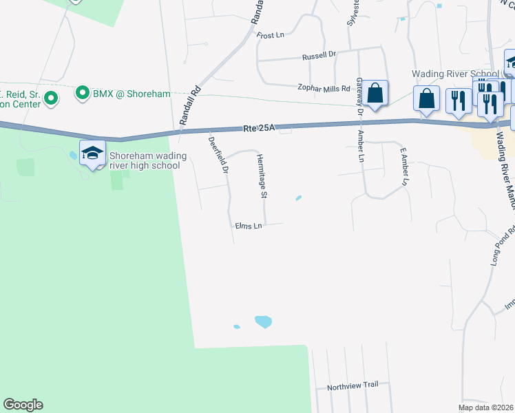map of restaurants, bars, coffee shops, grocery stores, and more near 7 Elms Lane in Wading River