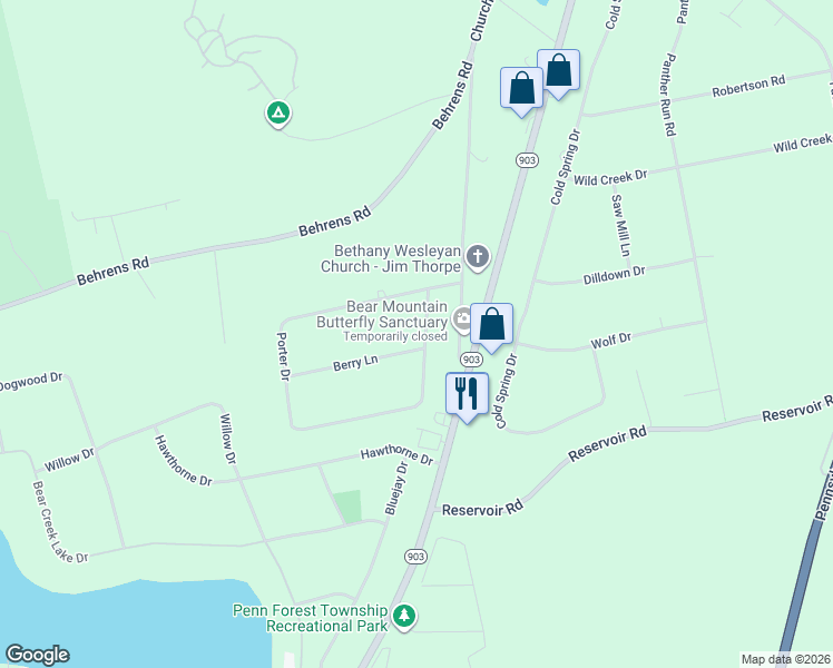 map of restaurants, bars, coffee shops, grocery stores, and more near 46 Berry Lane in Jim Thorpe