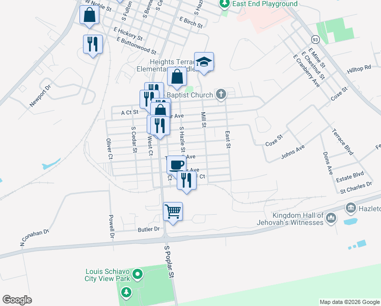 map of restaurants, bars, coffee shops, grocery stores, and more near 400 Thirwell Avenue in Hazleton