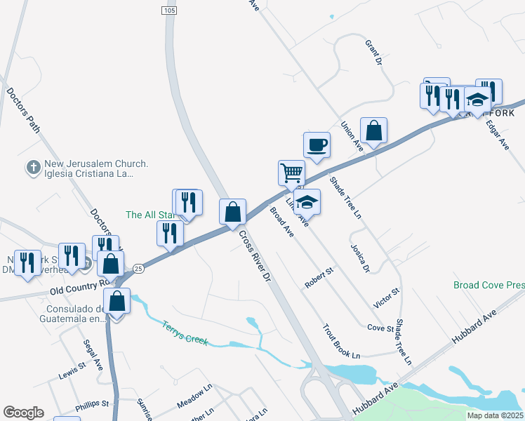 map of restaurants, bars, coffee shops, grocery stores, and more near 181 Main Road in Riverhead