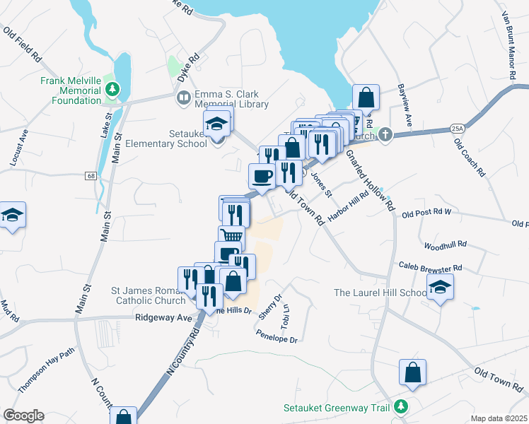 map of restaurants, bars, coffee shops, grocery stores, and more near 5 South Jersey Avenue in Setauket- East Setauket