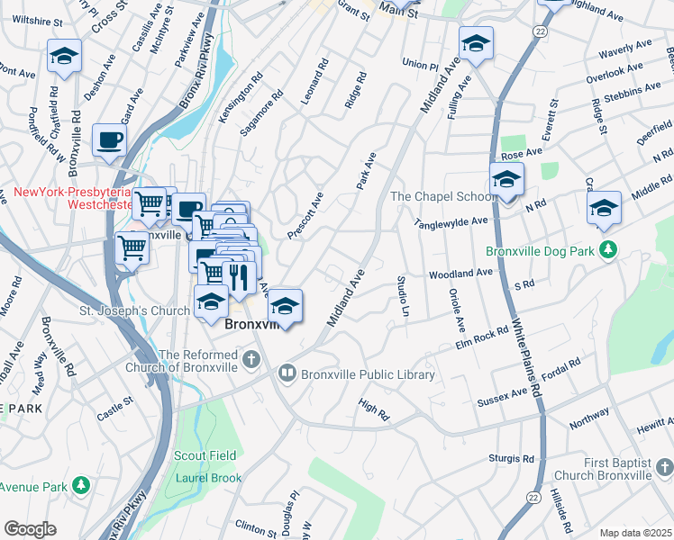 map of restaurants, bars, coffee shops, grocery stores, and more near 16 Field Court in Bronxville