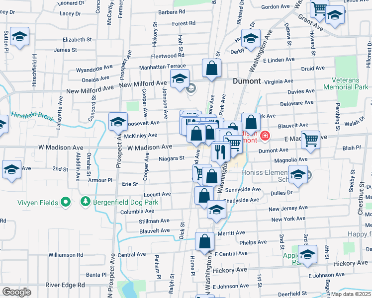 map of restaurants, bars, coffee shops, grocery stores, and more near 35 Niagara Street in Dumont
