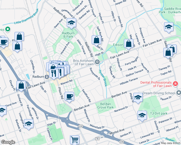 map of restaurants, bars, coffee shops, grocery stores, and more near 28-19 Sheridan Place in Fair Lawn