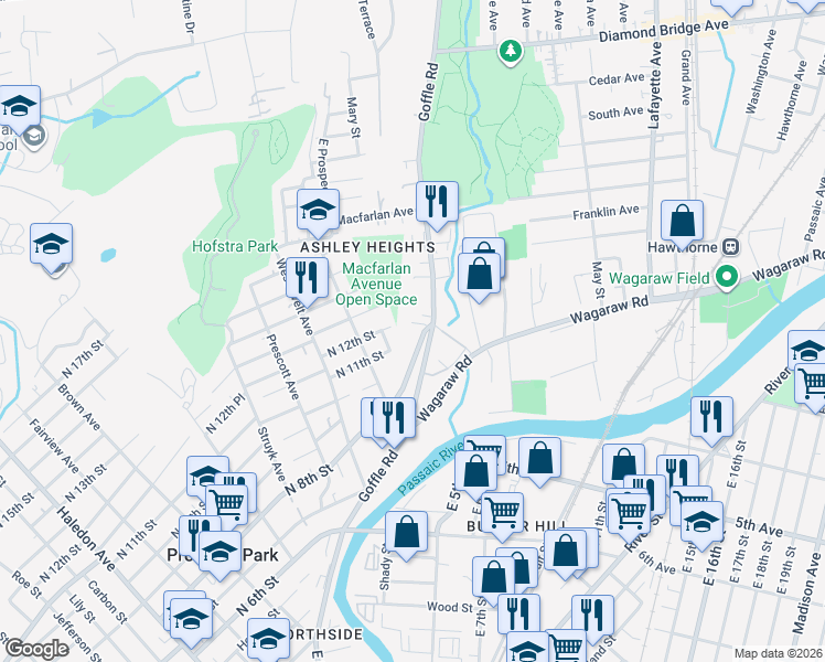 map of restaurants, bars, coffee shops, grocery stores, and more near 128 North 8th Street in Hawthorne