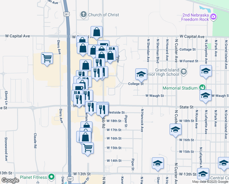 map of restaurants, bars, coffee shops, grocery stores, and more near 1923 North Webb Road in Grand Island