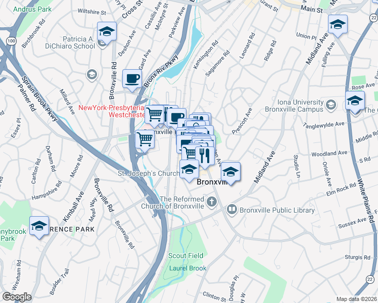 map of restaurants, bars, coffee shops, grocery stores, and more near 29 Park Place in Bronxville
