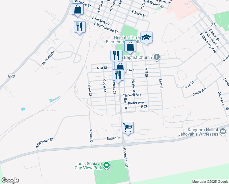 map of restaurants, bars, coffee shops, grocery stores, and more near D Court in Hazleton