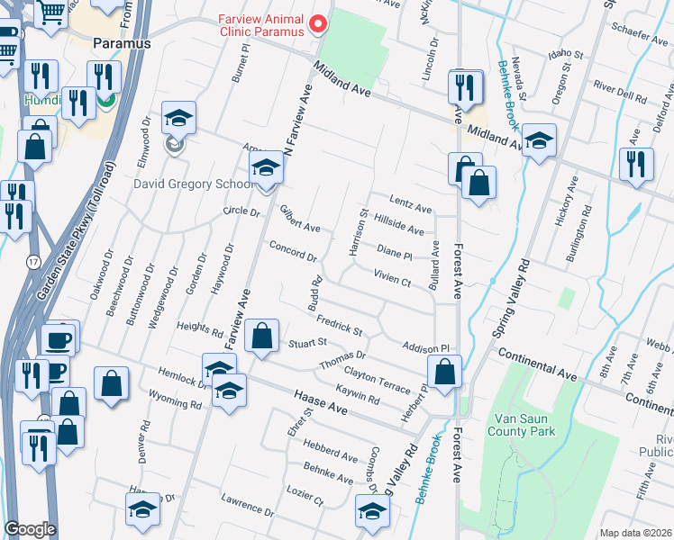map of restaurants, bars, coffee shops, grocery stores, and more near 217 Concord Drive in Paramus
