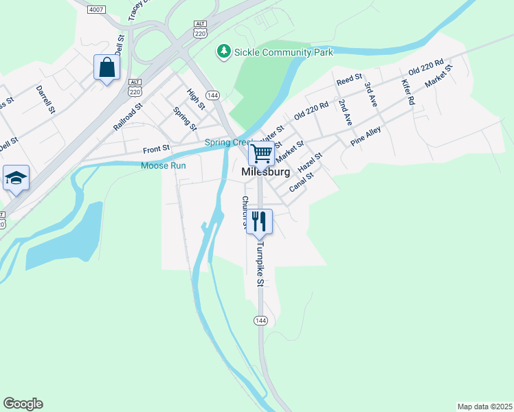 map of restaurants, bars, coffee shops, grocery stores, and more near 201 Turnpike Street in Milesburg