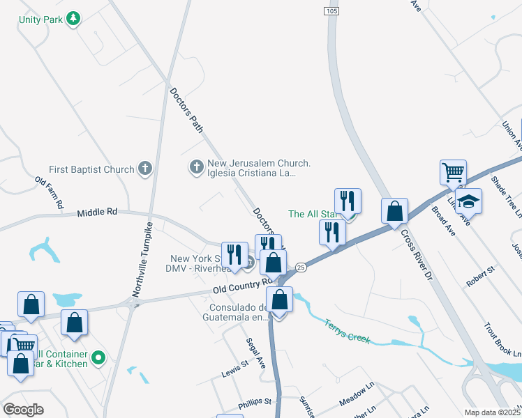 map of restaurants, bars, coffee shops, grocery stores, and more near 86 Doctors Path in Riverhead