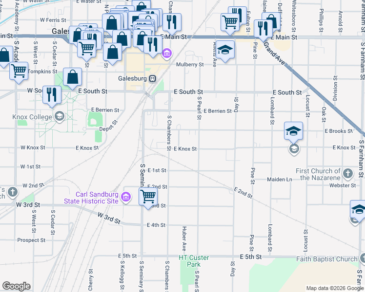 map of restaurants, bars, coffee shops, grocery stores, and more near 588 East Knox Street in Galesburg
