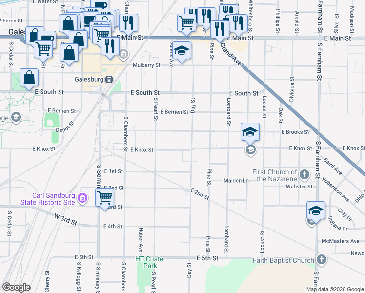 map of restaurants, bars, coffee shops, grocery stores, and more near 600-714 Day Street in Galesburg