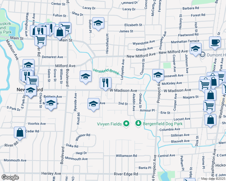 map of restaurants, bars, coffee shops, grocery stores, and more near 20 Hillside Avenue in Dumont