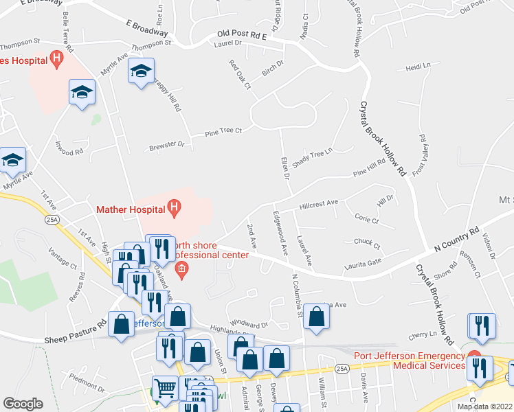 map of restaurants, bars, coffee shops, grocery stores, and more near 55 Pine Hill Road in Port Jefferson