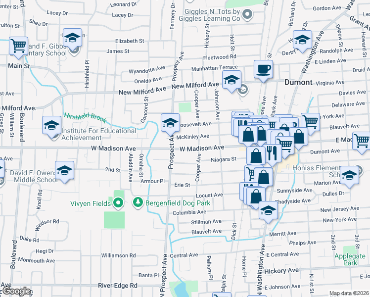 map of restaurants, bars, coffee shops, grocery stores, and more near 150 Niagara Street in Dumont