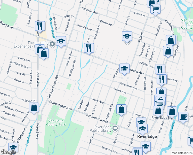 map of restaurants, bars, coffee shops, grocery stores, and more near 327 Wales Avenue in River Edge