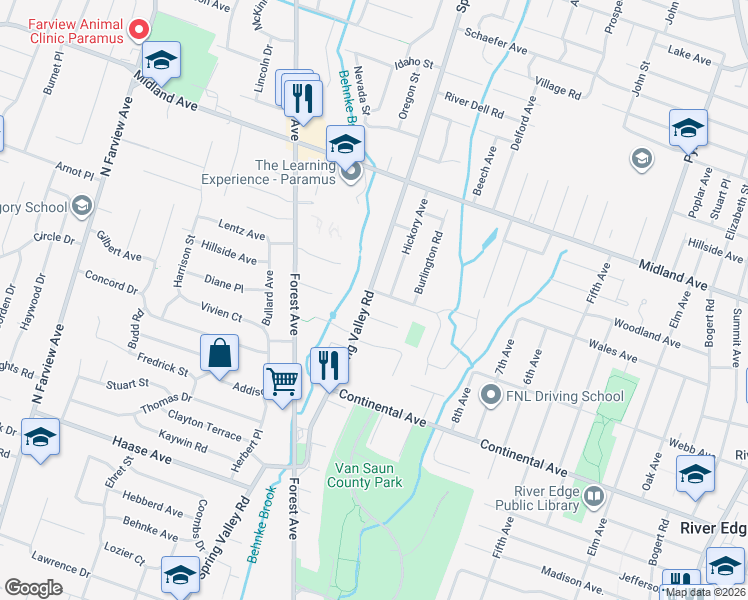 map of restaurants, bars, coffee shops, grocery stores, and more near 319 Silver Rod Court in Paramus