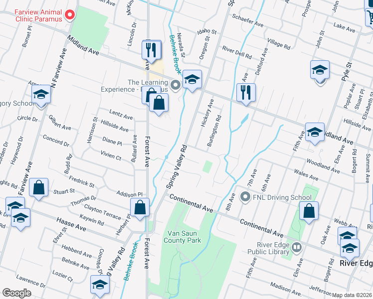 map of restaurants, bars, coffee shops, grocery stores, and more near 319 Silver Rod Court in Paramus