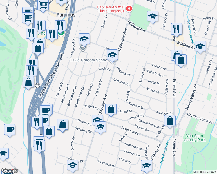map of restaurants, bars, coffee shops, grocery stores, and more near 298 North Farview Avenue in Paramus