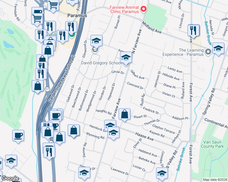 map of restaurants, bars, coffee shops, grocery stores, and more near 290 Haywood Drive in Paramus