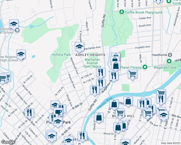 map of restaurants, bars, coffee shops, grocery stores, and more near 84 North 11th Street in Hawthorne
