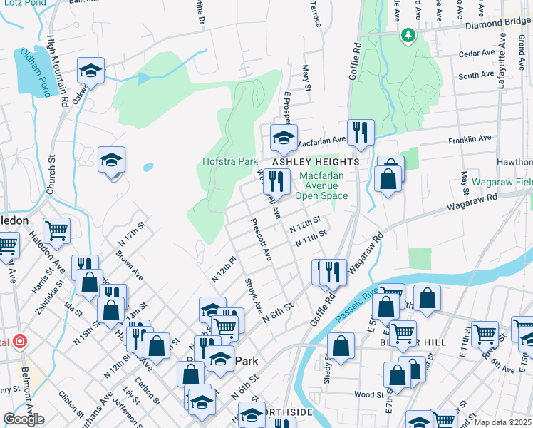 map of restaurants, bars, coffee shops, grocery stores, and more near 7 North 13th Street in Hawthorne